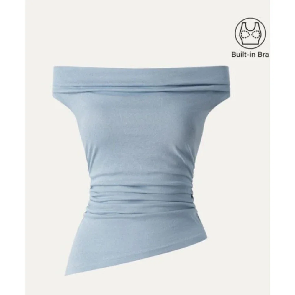 OGL Blue Linen Blend Side Ruched Off Shoulder Asymmetric Hem Brami Top Sz Large - Picture 7 of 12